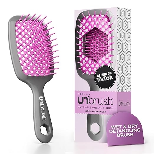 fhi heat unbrush detangling brush for pain-free brushing on all wet or dry hair types — durable duoflex anti-static bristles, lightweight handle, vented hair brush