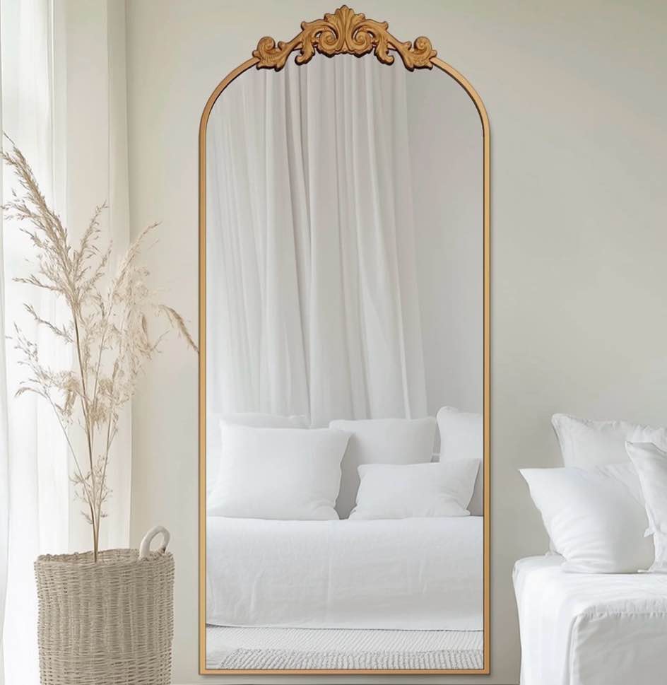 antok 71 x32  vintage arched full-length mirror with carved metal frame  baroque-style floor mirror for living room  bedroom  entryway or hallway decor  gold