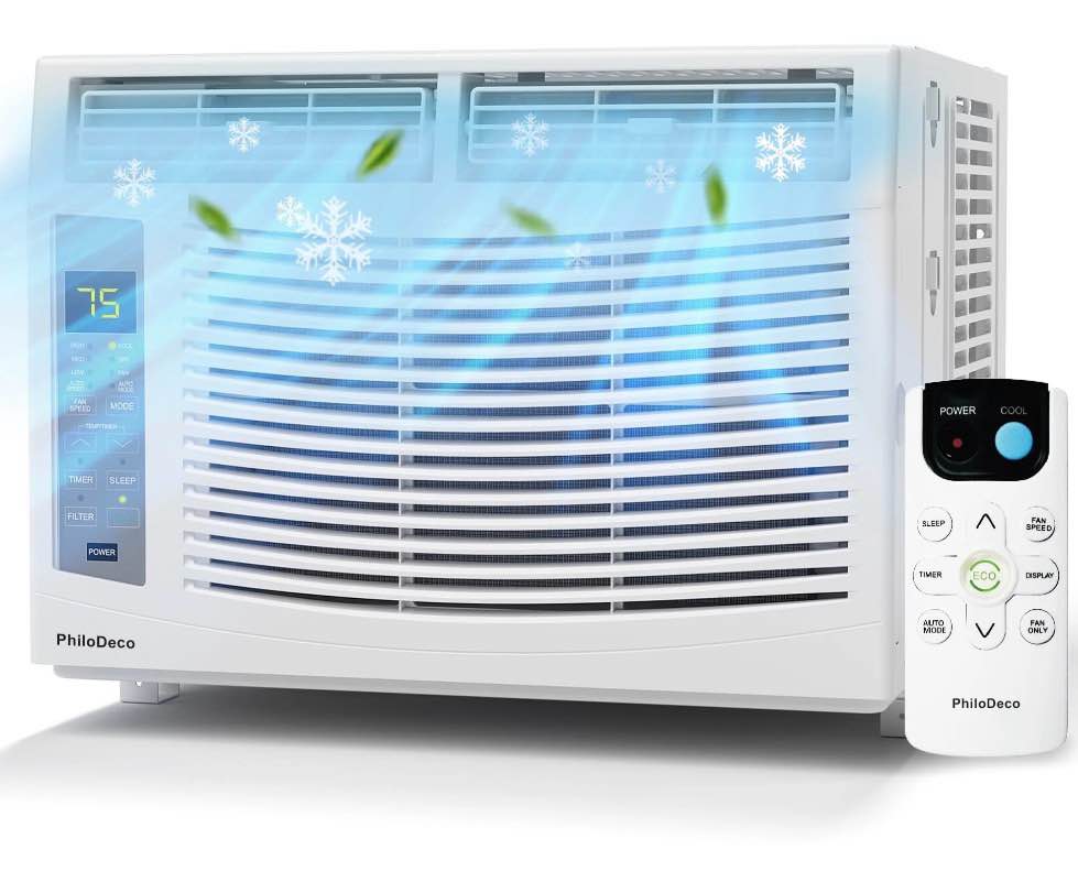 philodeco 6000 btu window air conditioner cool to 250 sq ft intelligent, led,remote control, easy to clean filter screen, can be used as a dehumidifier/fan, operates quietly, and is energy-saving