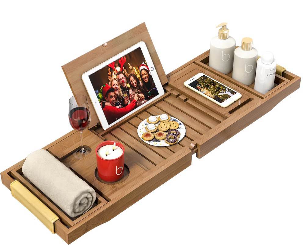 bambloom luxury bathtub tray,bamboo bathtub table tray with premium leather grip and non-slip pat,walnut