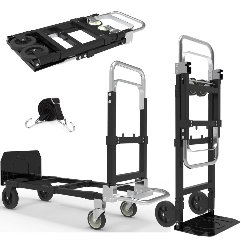 3-in-1 Heavy Duty Folding Dolly, Convertible Hand Truck Portable Steel with Telescopic Handle & Dolly Cart with Rubber Wheels, 580LB Capacity,Black