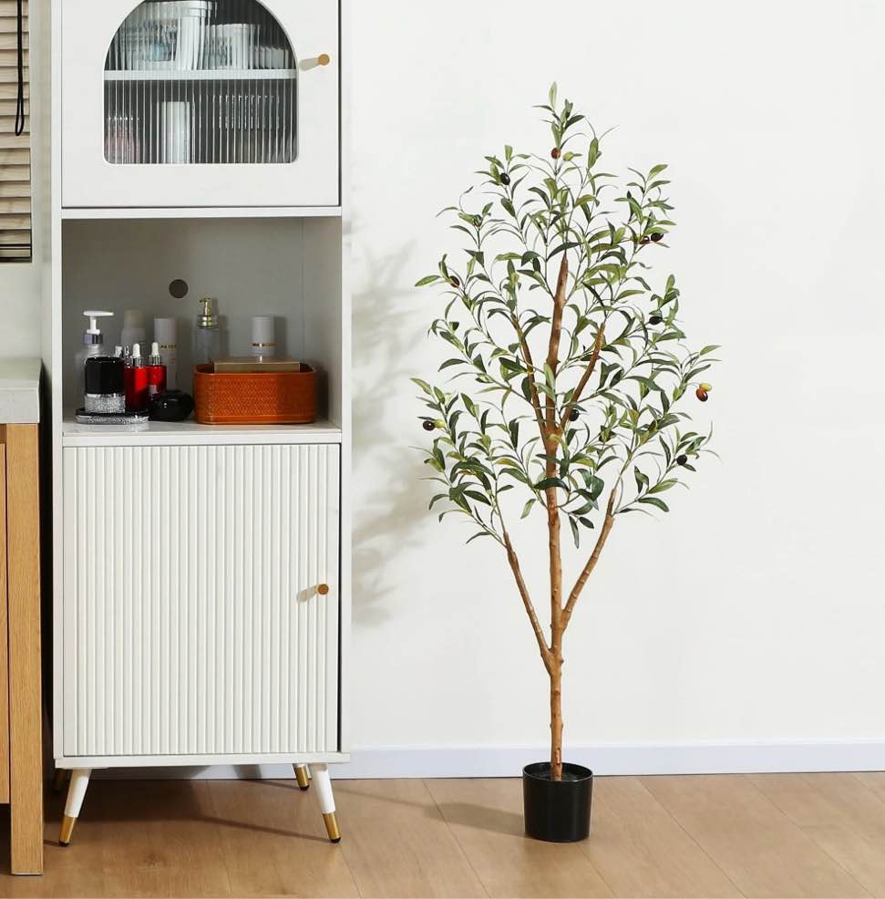 4 ft Artificial Olive Plants with Realistic Leaves and Natural Trunk, Silk Fake Olive Tree in Black Plastic Pot, Faux Olive Tree for Office Home