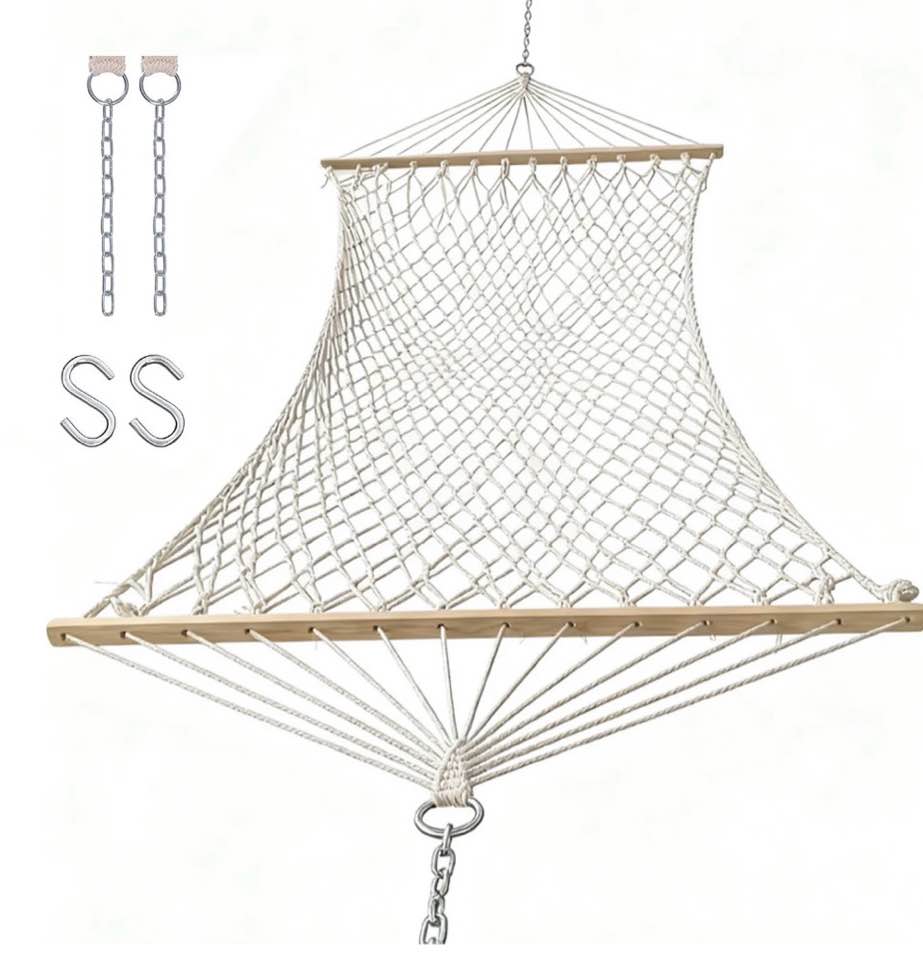 BN-LINK Cotton Rope Hammock,Handwoven Hammock with Hardwood Spreader Bars,Double Hammock for Outdoor Backyard Patio Poolside,330lbs Weight Capacity, Natural