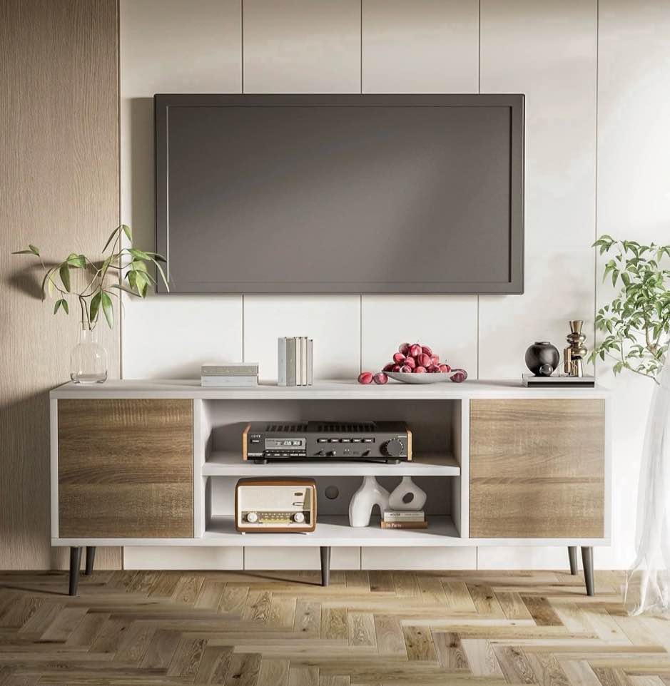Homall 58'' Modern TV Stand for TVs up to 65'', Wood Entertainment Center with Storage Drawers & Cable Management for Living Room, White&Walnut