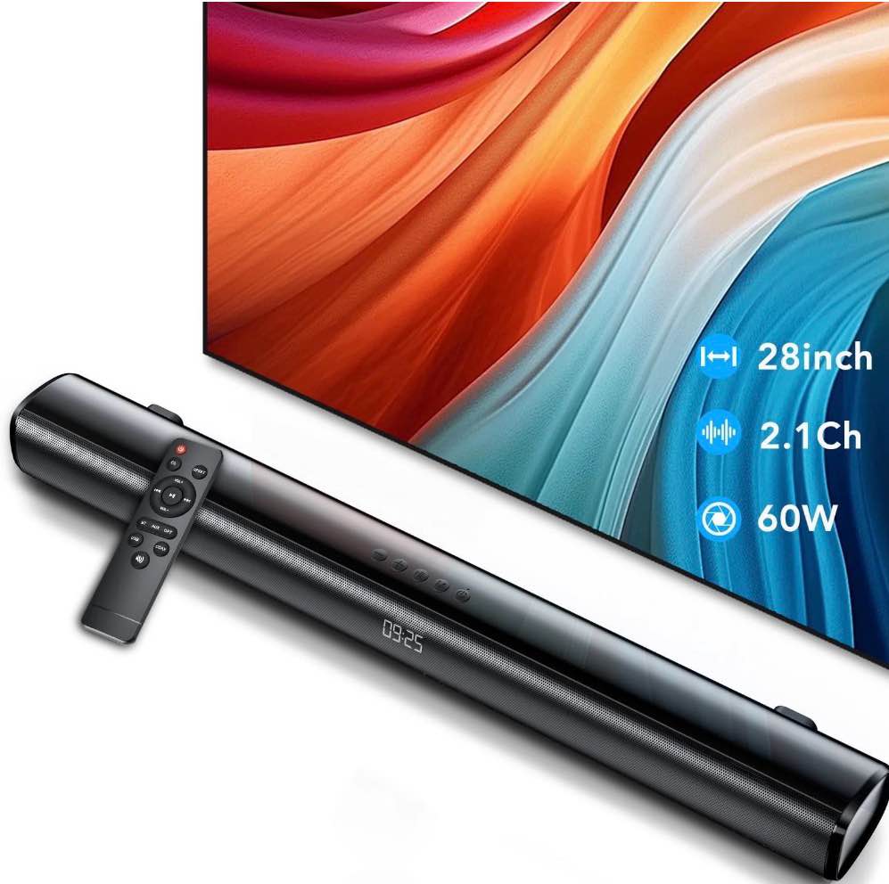 Sound Bar for TV, 60W Soundbar TV Speakers, 2.1 ch Home Theater with Subwoofer Boost, 3 Equalizer Modes, Soundbar for TV/PC/Gaming/Projectors, Bluetooth, OPT, COX, USB & AUX Wall Mountable