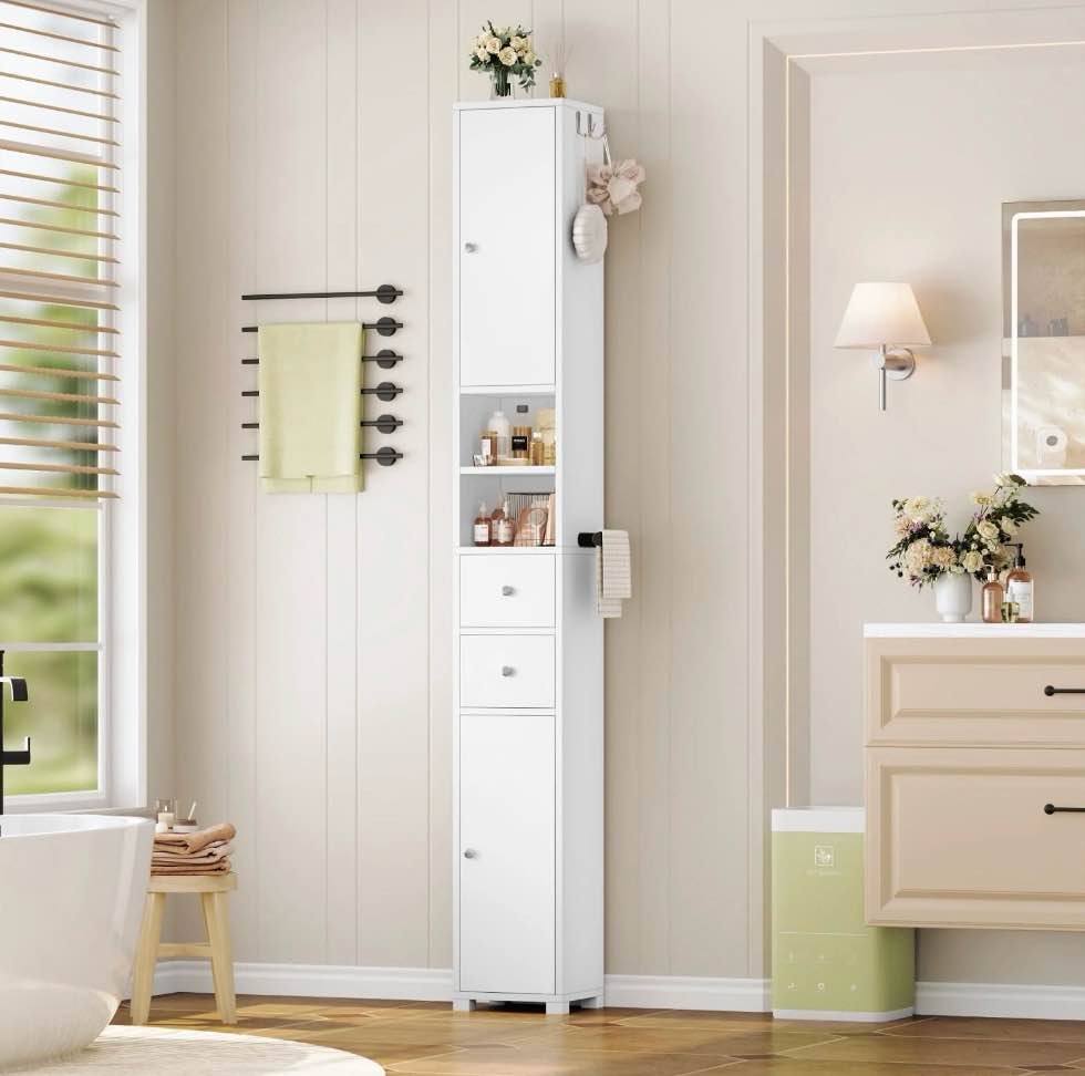 Homfa 71" Tall Bathroom Storage Cabinet with Adjustable Shelves, 2 Doors & Drawers Bathroom Storage Tower with Hooks & Paper Towel Holder, Freestanding Narrow Cabinet for Small Spaces, White