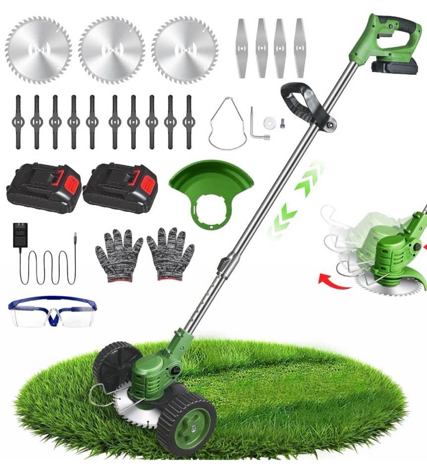 The Latest Small Portable Cordless Electric Lawn Mower/Lawn Cutter with 2 High-Capacity Lithium Batteries And 3 Types of Blades, Many Gifts, Multi-Function Weed Cutter for Yard and Garden(Green)