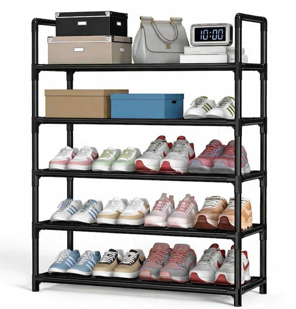 Krpimt 5-Tier Shoe Rack, 31.5" Stackable Shoe Organizer Storage Holds 15-20 Pairs, Metal Shoe Shelf for Entryway Hallway and Closet, Black