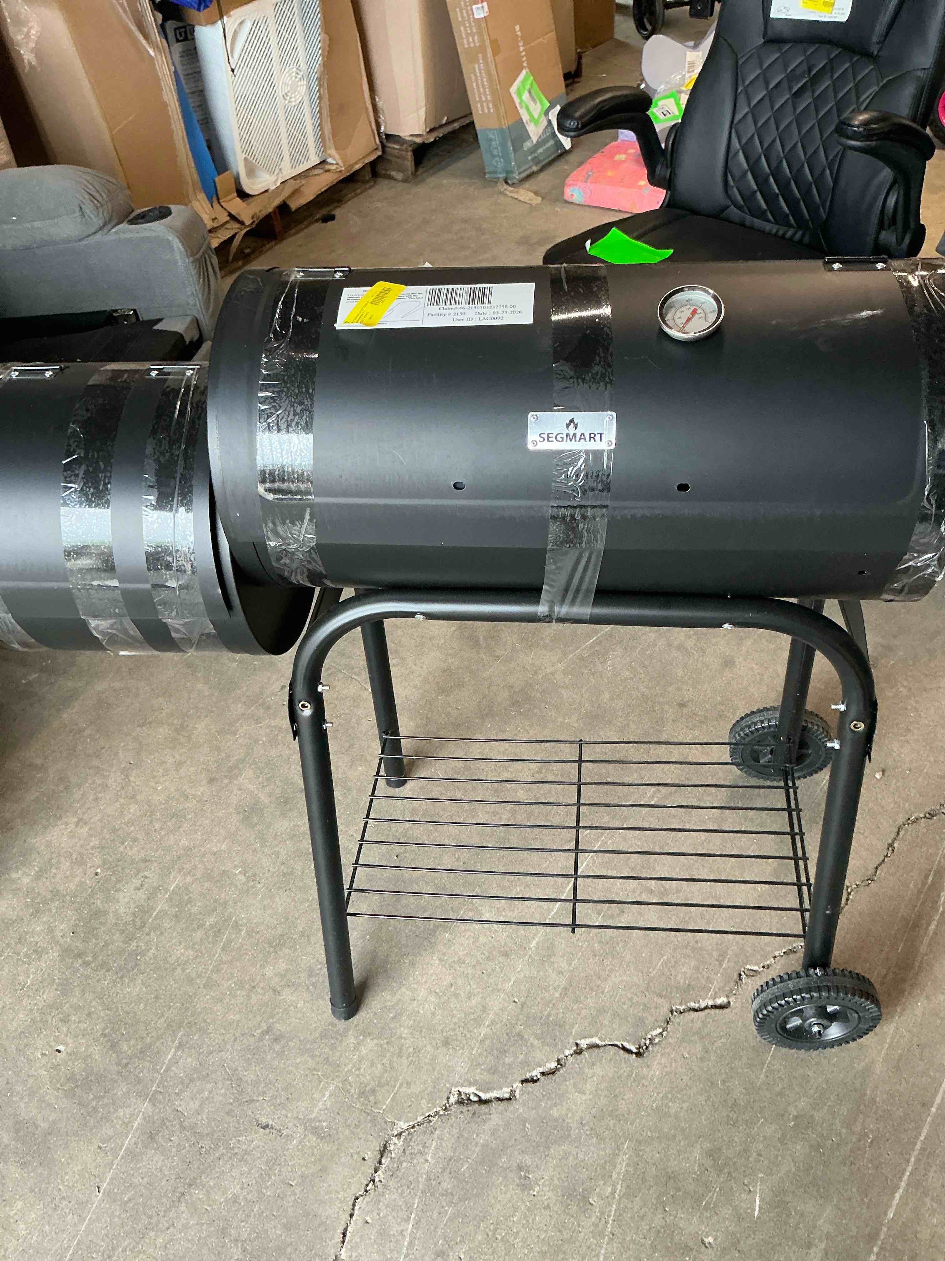 Condition photo showing Good Condition for segmart charcoal grill with offset smoker & side table, portable outdoor camping barrel bbq oven with wheels, black