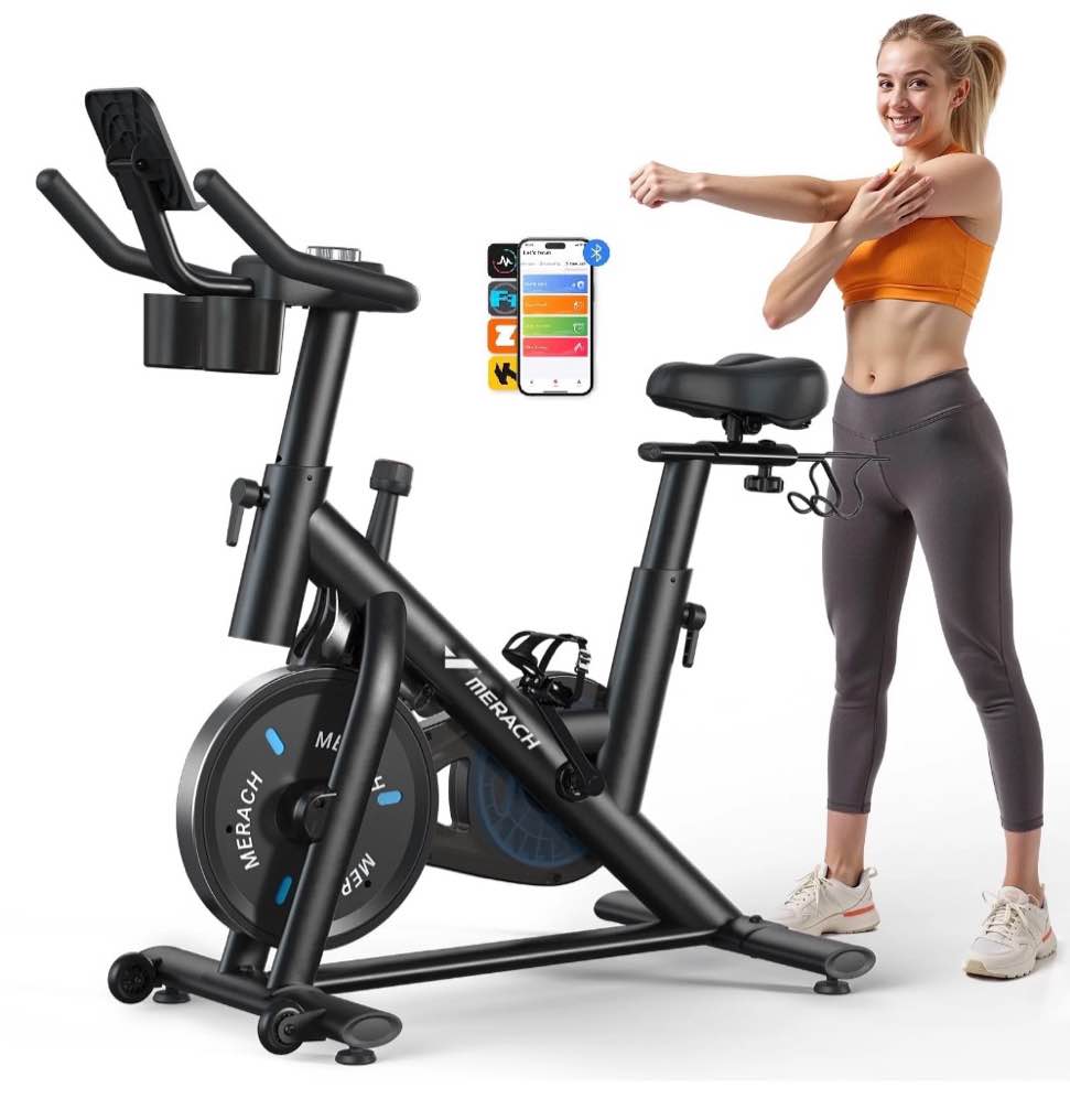 Merach Exercise Bike Magnetic Home Stationary Bike With Free App Quiet Indoor Cycling Bike With 270lbs Weight Capacity Dumbbell Rack Magnetic Black Bi
