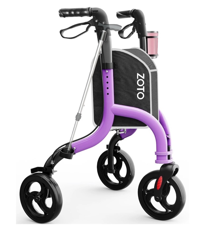 zoto foldable 3 wheel walker for seniors, lightweight rollator with adjustable height, cup and cane holder,vrw310-pu