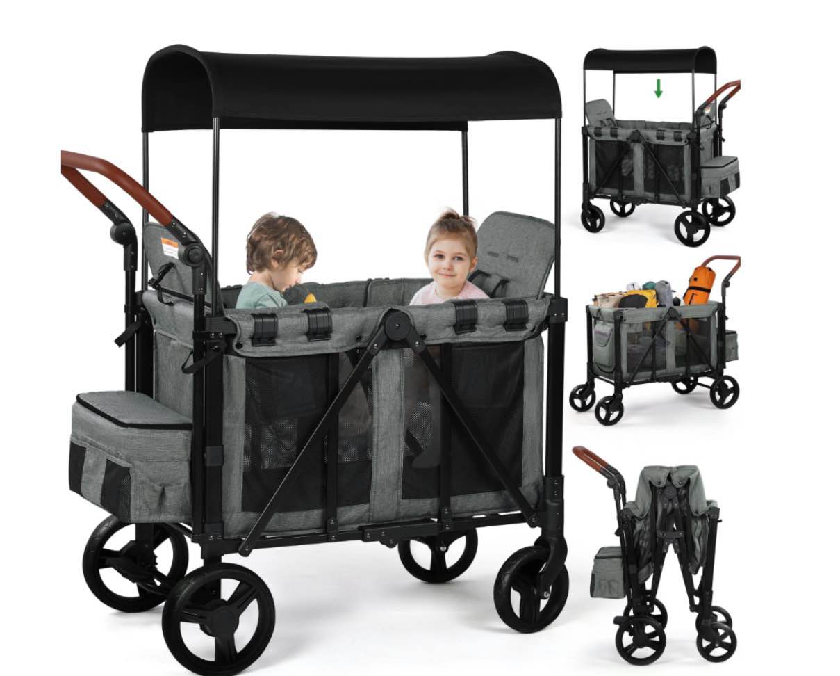 vomeast wagon stroller for 2 kids, 3-in-1 outdoor baby stroller wagon with canopy, 5-point harness, adjustable handlebars, removable seat for toddlers, grey