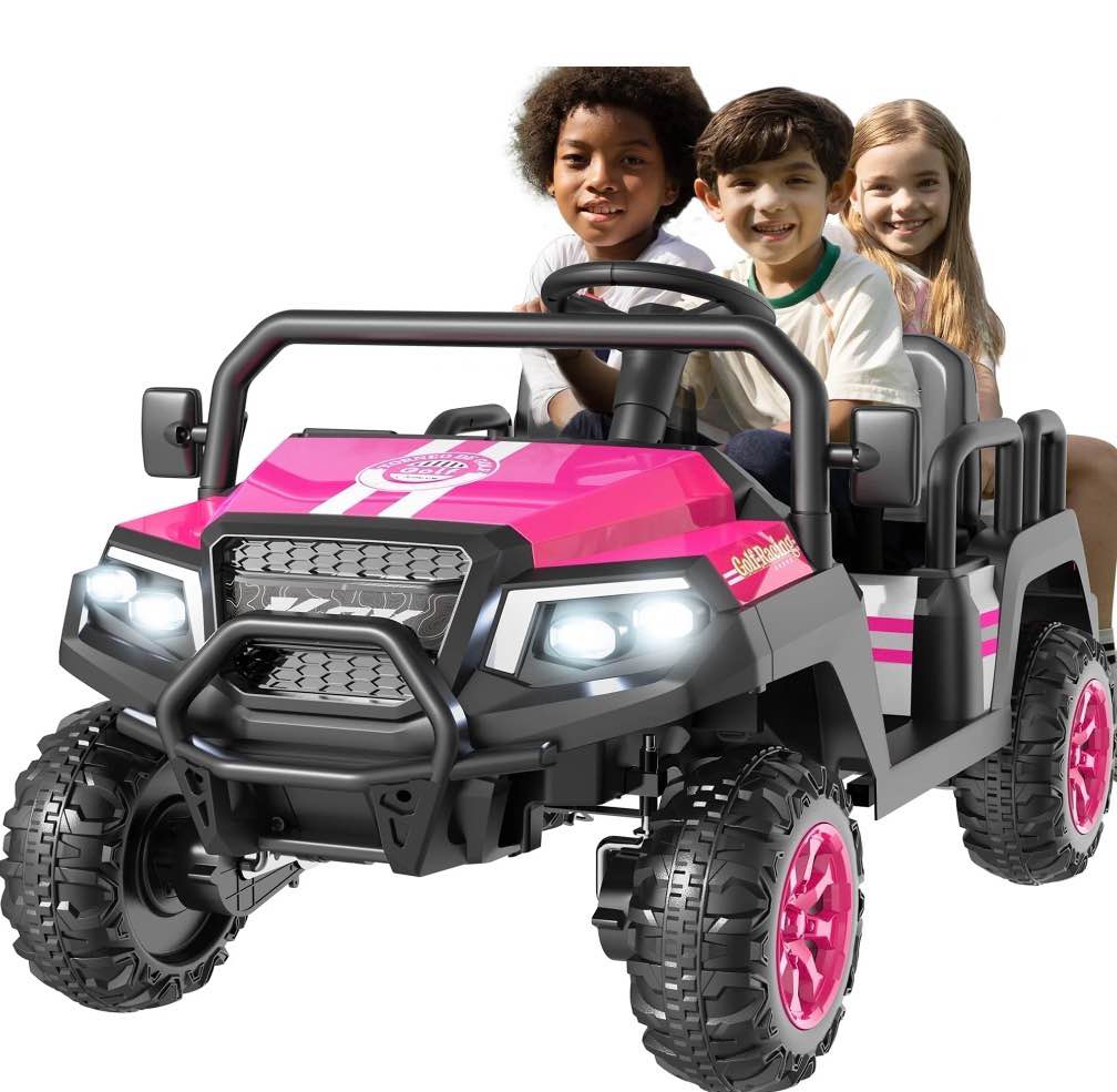savejoy 24v 4 seater ride on toys, powered ride on cars w/ four wheels spring suspension, electric car with parent remote control for kids ages 4-8 gifts, pink