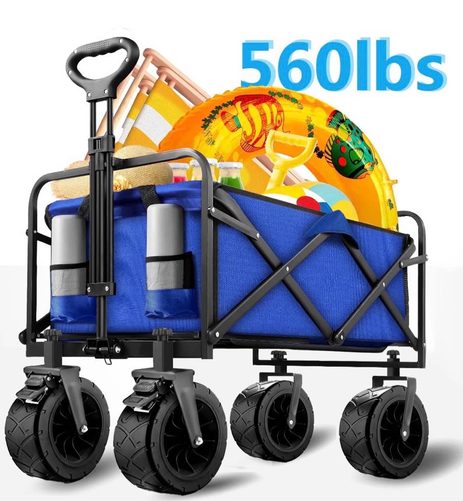 qunler 560lbs large collapsible wagon cart, foldable heavy duty big bucket cart wagon with side storage, multi-terrain wheels with brakes for shopping, camping, garden, grocery, blue