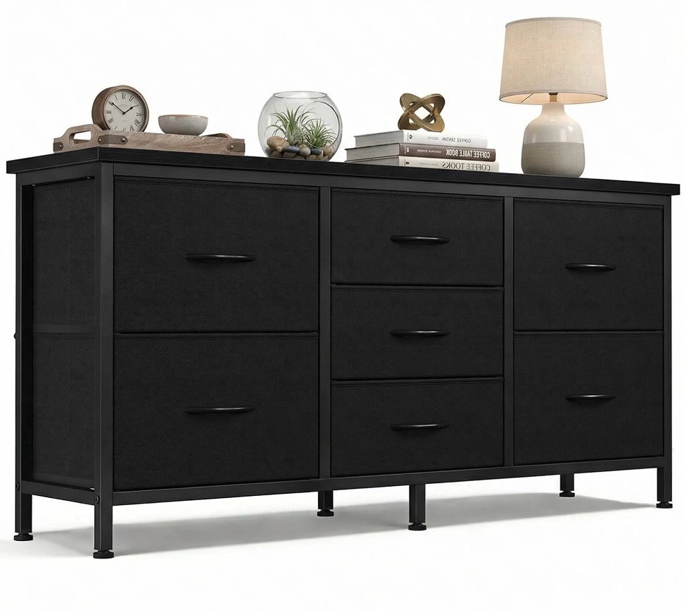 edx 7 drawer dresser for bedroom, 47.2" fabric drawers with wood top metal frame, wide storage organizer for closet, hallway & living room, black