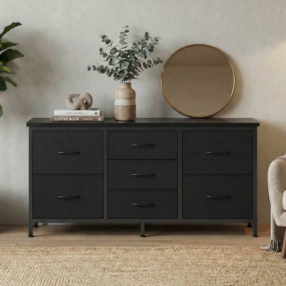 Condition photo showing Good Condition for edx 7 drawer dresser for bedroom, 47.2" fabric drawers with wood top metal frame, wide storage organizer for closet, hallway & living room, black