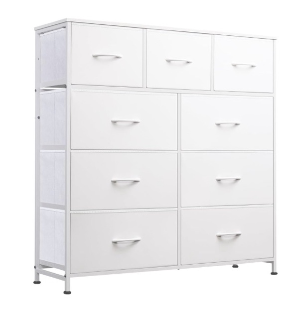  9-drawer dresser, fabric storage tower for bedroom, hallway, closet, tall chest organizer unit for bedroom with fabric bins, steel frame, wood top, easy pull handle, white