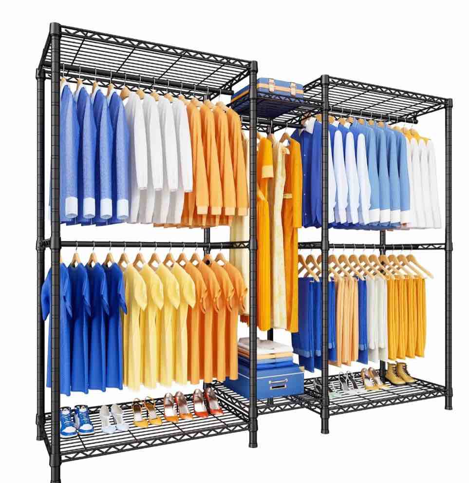 ulif e12 clothes rack,heavy duty freestanding garment rack with shelves,metal clothing closet storage system for hanging clothes?71" w x 16" d x 76.5" h, hold 960 lbs?black