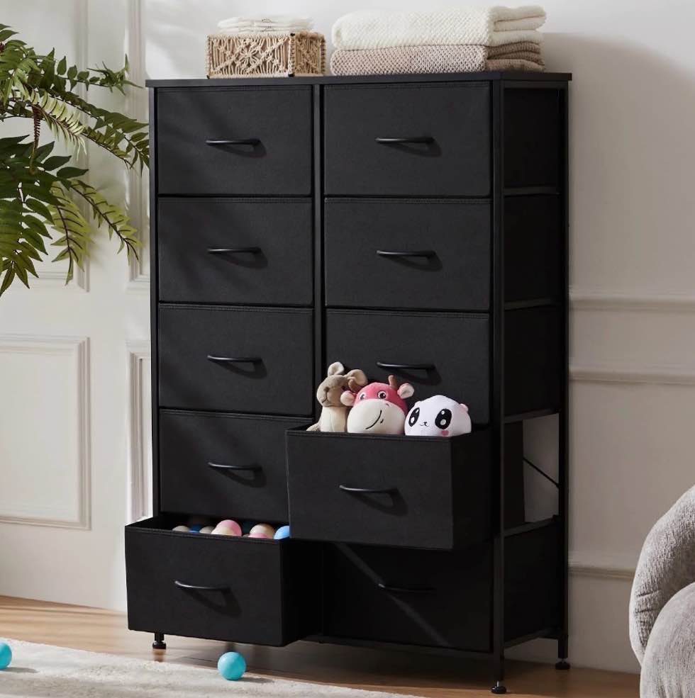 edx 10 drawer fabric dresser for bedroom, chest of drawer organizer storage cabinet for closet, entryway, black