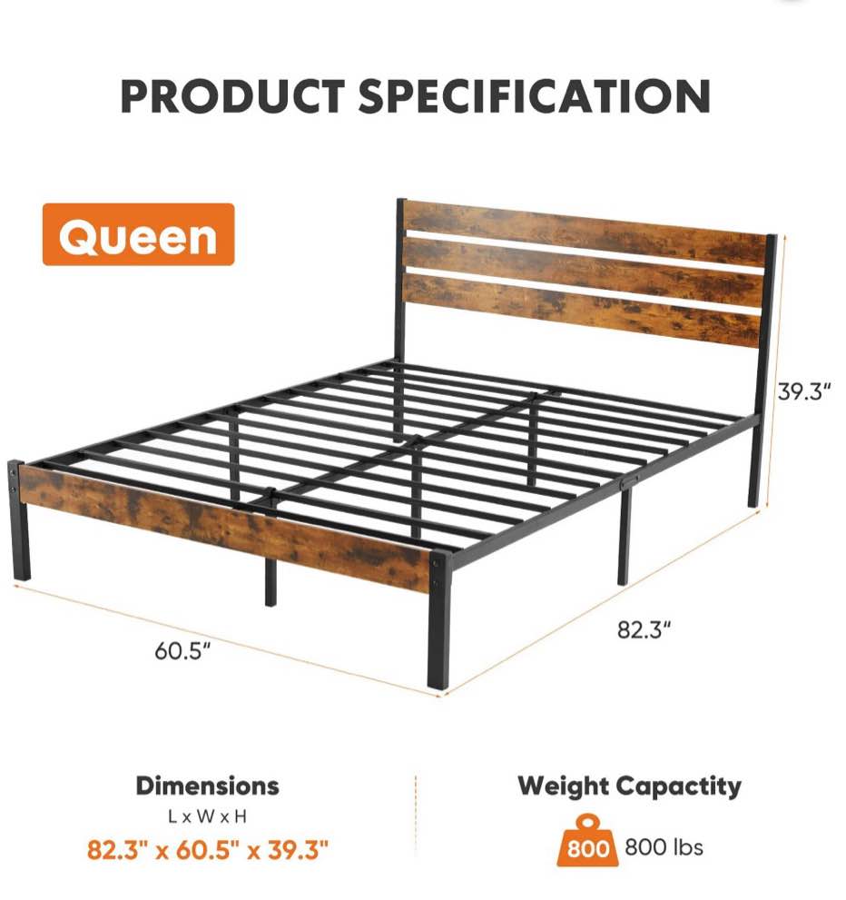 Condition photo showing Good Condition for edx queen size metal bed frame with industrial wooden headboard, ample storage, noise-free design, sturdy steel slat support, rustic brown