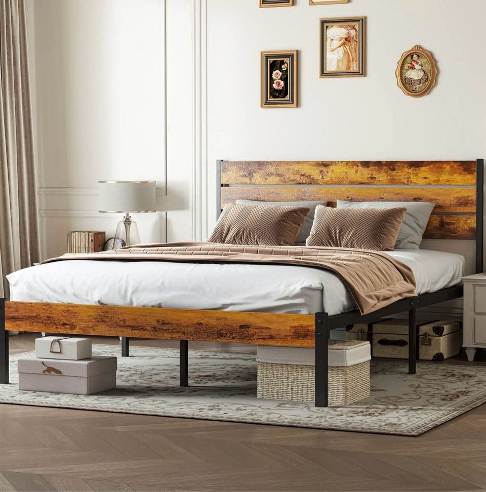 edx queen size metal bed frame with industrial wooden headboard, ample storage, noise-free design, sturdy steel slat support, rustic brown