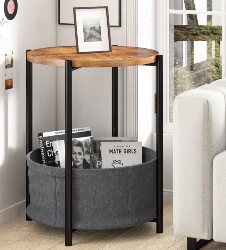 small end table  24.5  round side table with fabric storage basket  bedside nightstand  dorm table coffee table with metal frame  sofa table for living room  accent table  wooden