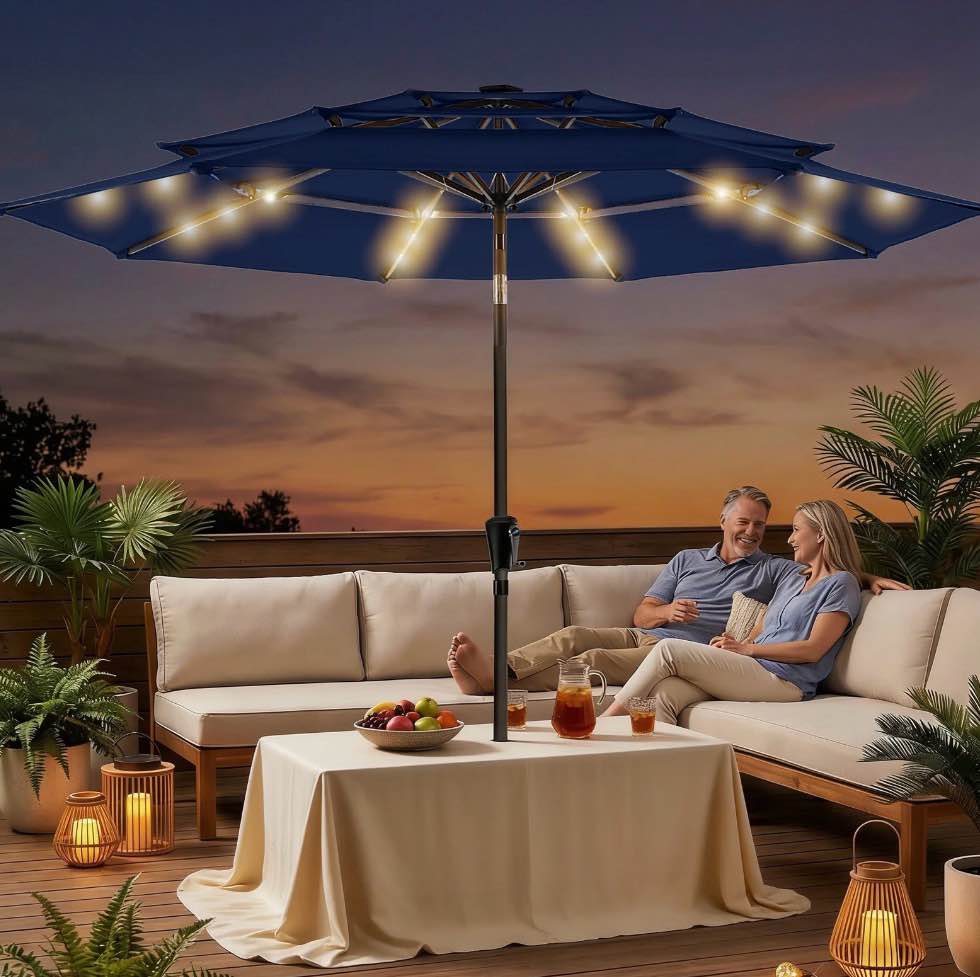 patbrela 9ft 3-tier solar patio umbrella with led lights, tilt adjustment outdoor umbrella, market sun shade for beach, backyard, deck, poolside, navy