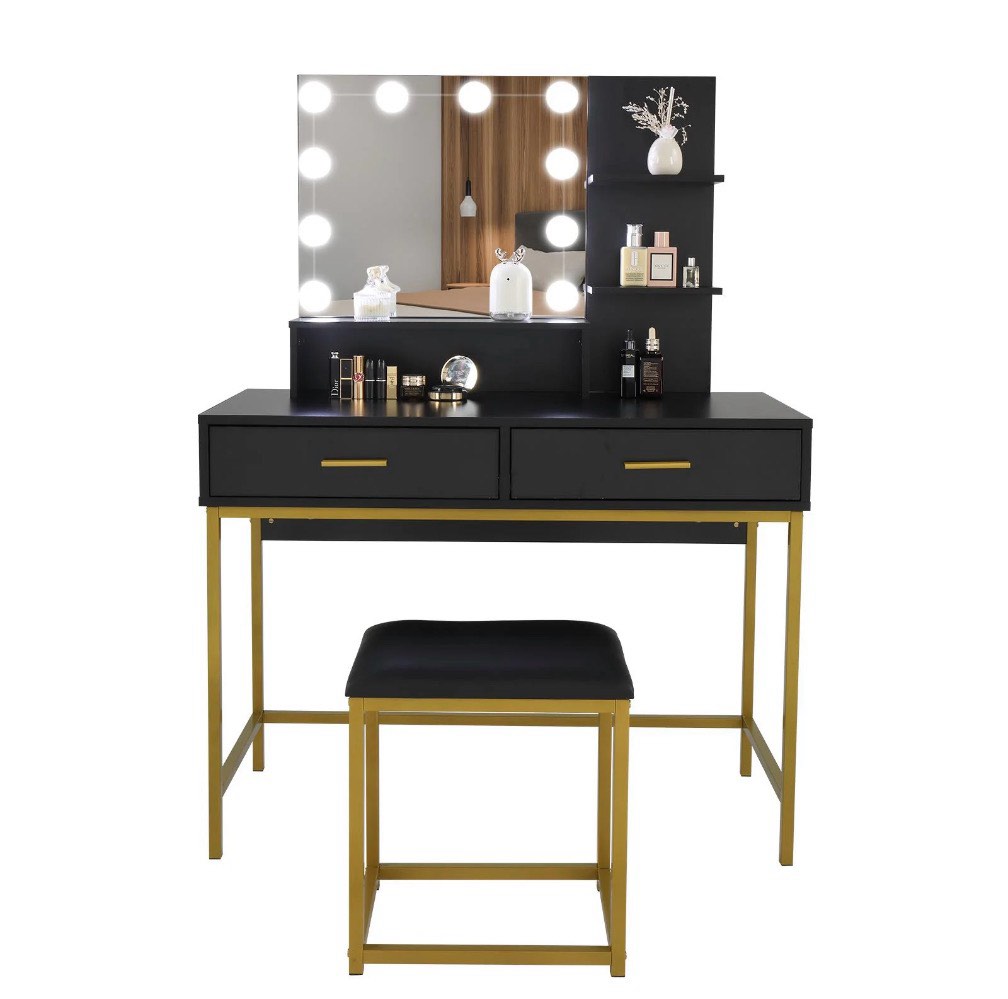ktaxon vanity table set with 3 color lighted mirror, makeup dressing table with 2 large drawer and 3 shelf, dresser table for women,black
