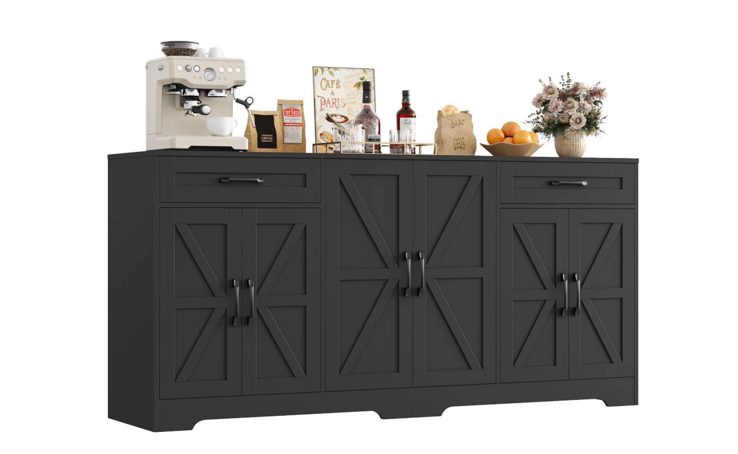 homfa 42.5‘’ kitchen buffet sideboard cabinet, 3 drawers farmhouse coffee bar storage cabinet with adjustable shelf, black brown