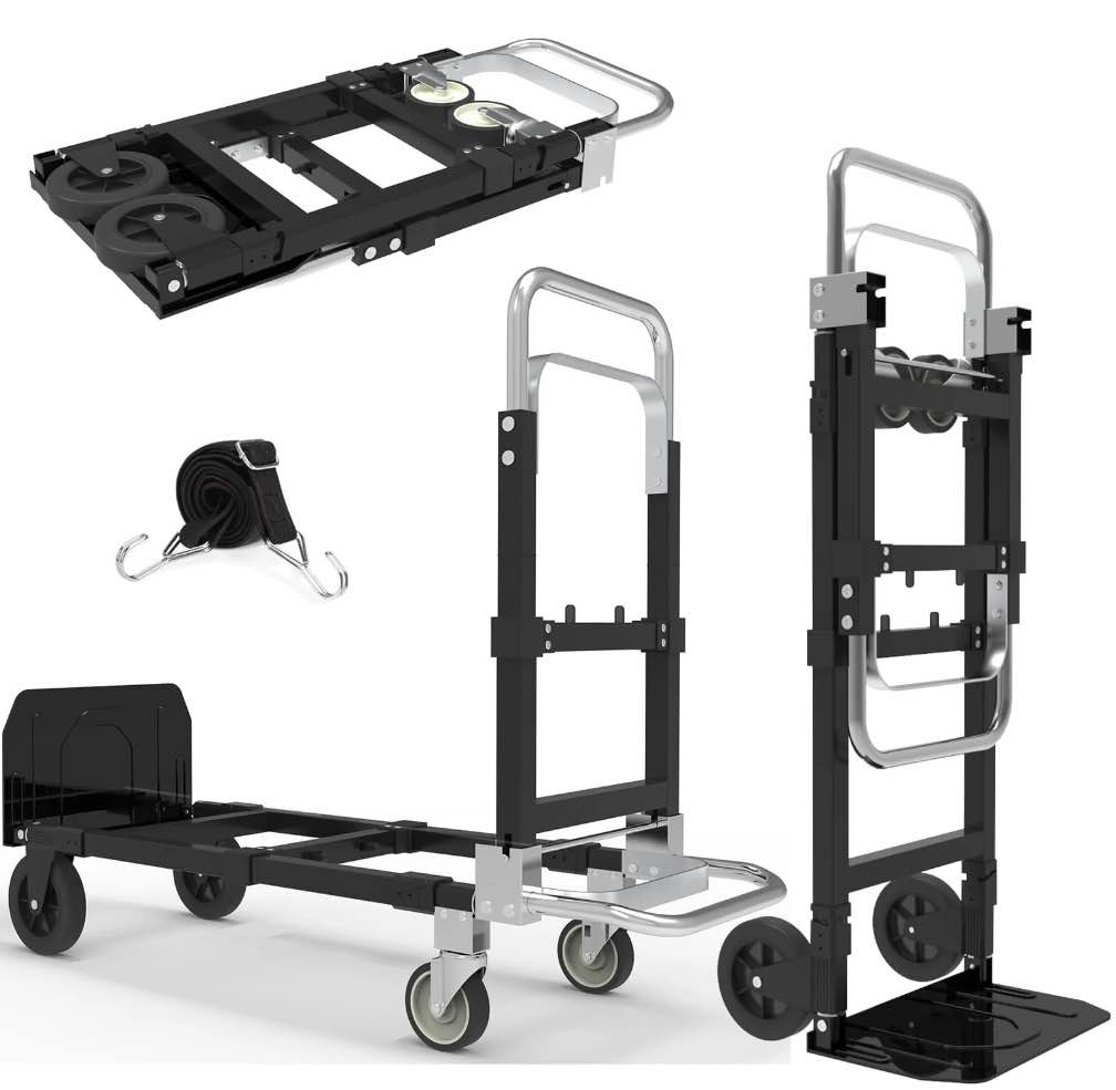 3-in-1 heavy duty folding dolly, convertible hand truck portable steel with telescopic handle & dolly cart with rubber wheels, 580lb capacity,black