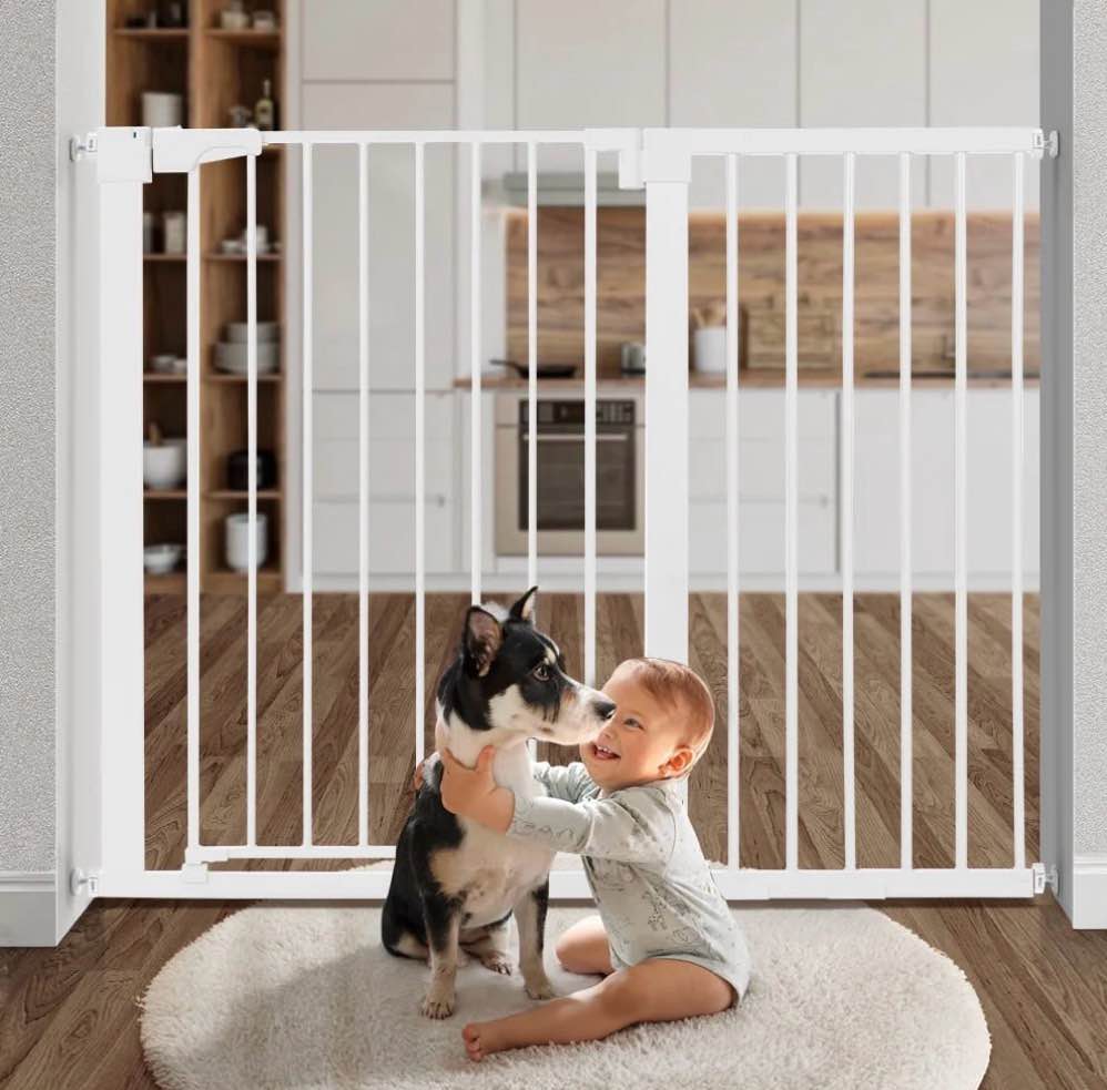 baby safety gate, caveen 36" tall, 29.5-48.8" for stairs and doorway,pressure mount baby gate for ages 6 to 36 months, white