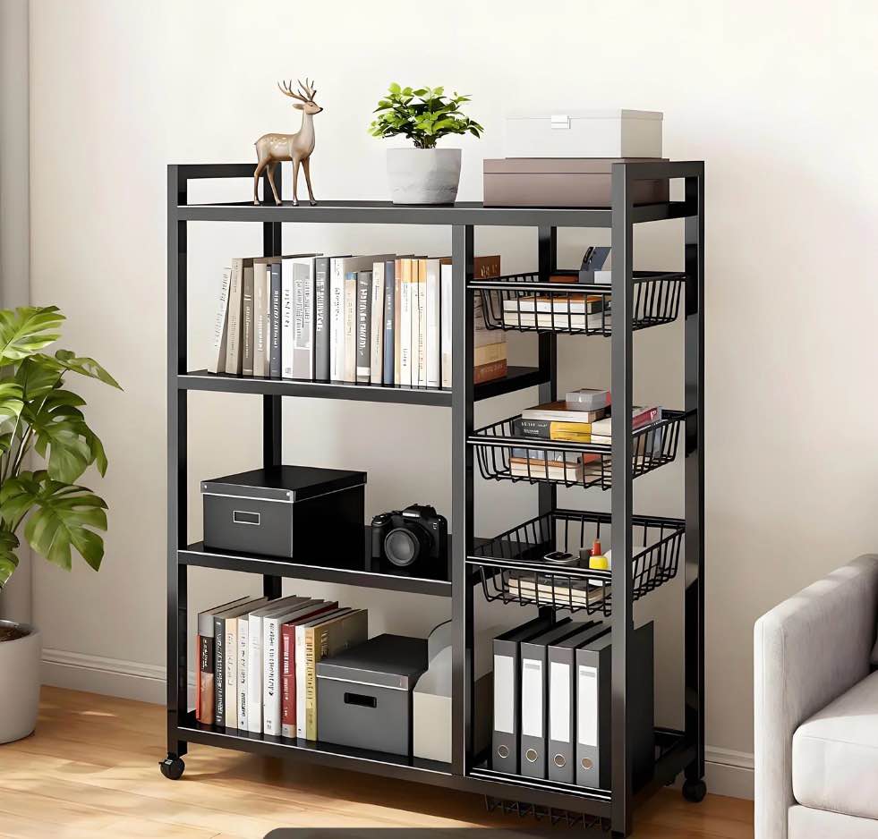movable wire rack, heavy-duty 4-tier storage shelf with 3 baskets and wheels, metal shelves organizer for kitchen, bathroom, office, garage, 31.5''l*12.6''w*42.5''h