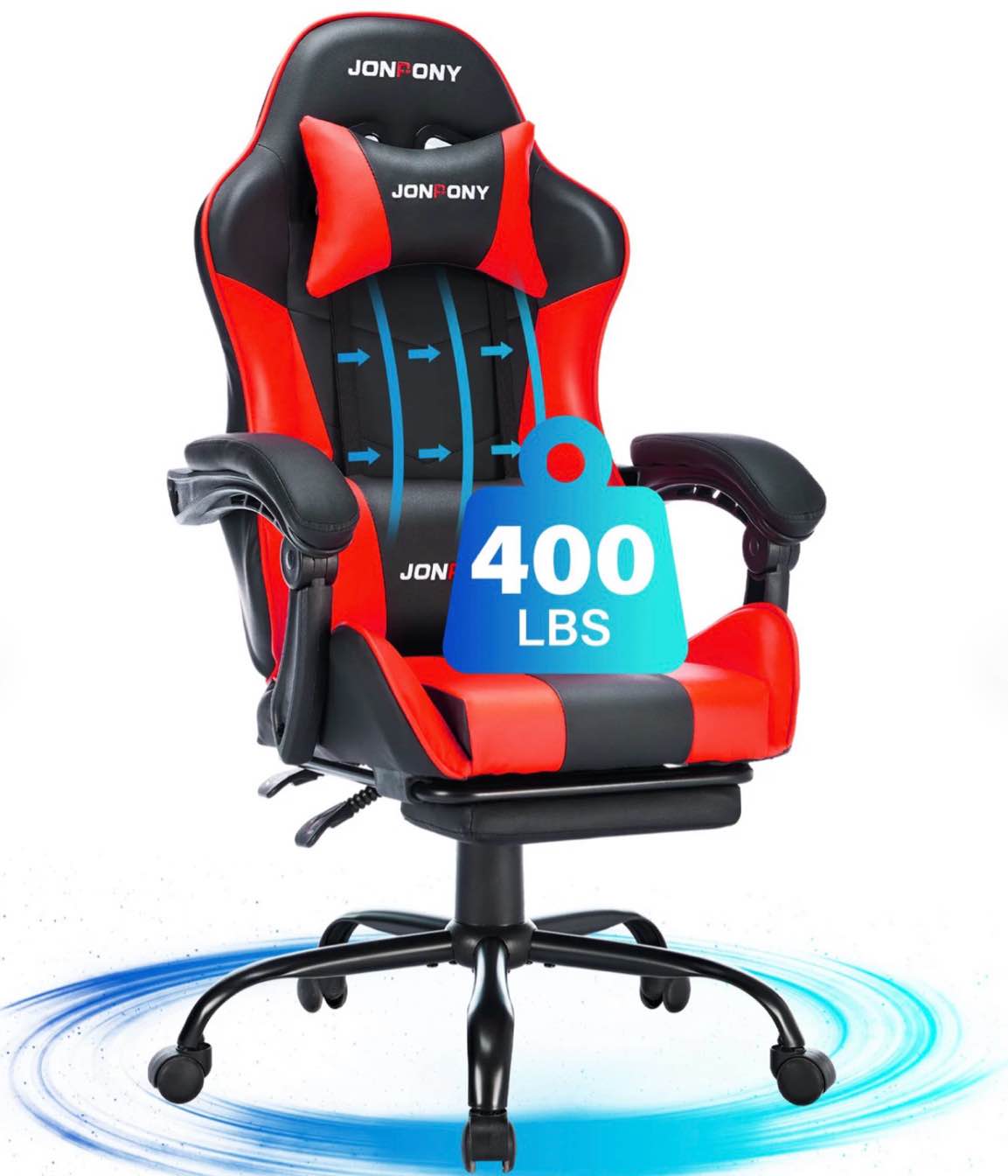 jonpony big and tall 400lbs gaming chair, ergonomic design, gamer chair pu leather with footrest and lumbar support, high back office chair support 8 hours long sitting, computer chair,red