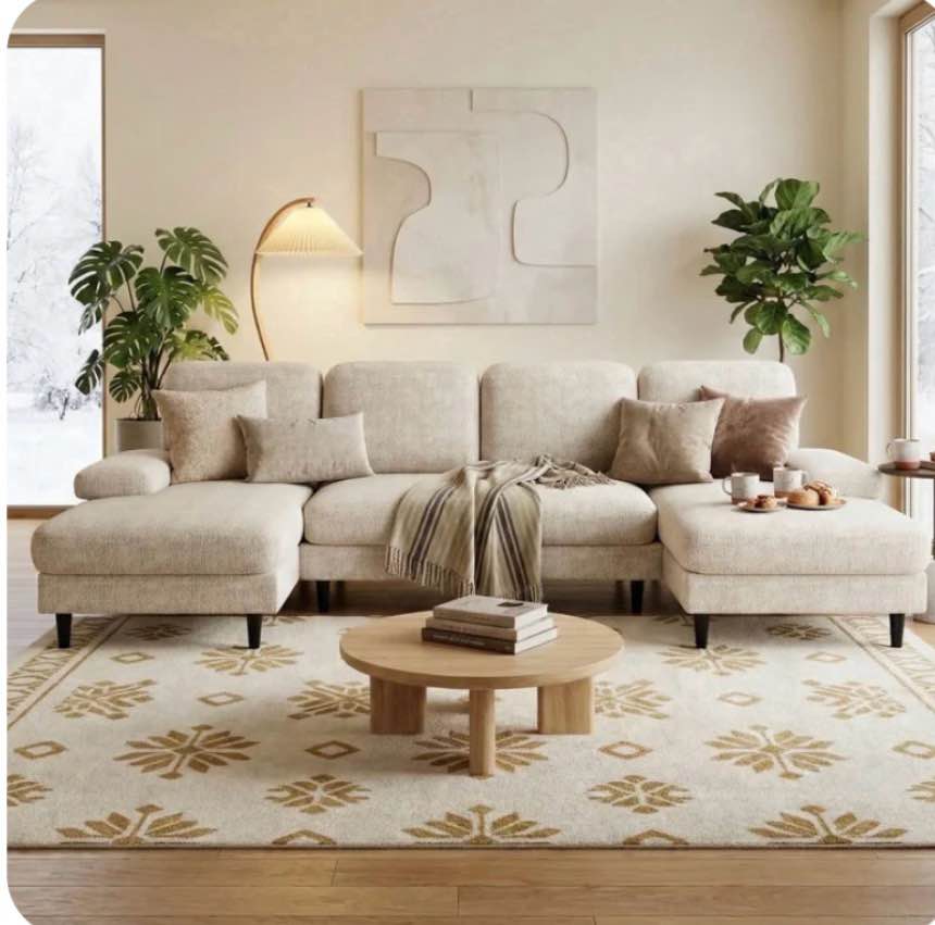 edx 99" u-shaped 6 seat sofa couch for living room, linen fabric sofa bed with removable pillows for home and apartment (fabric, beige)