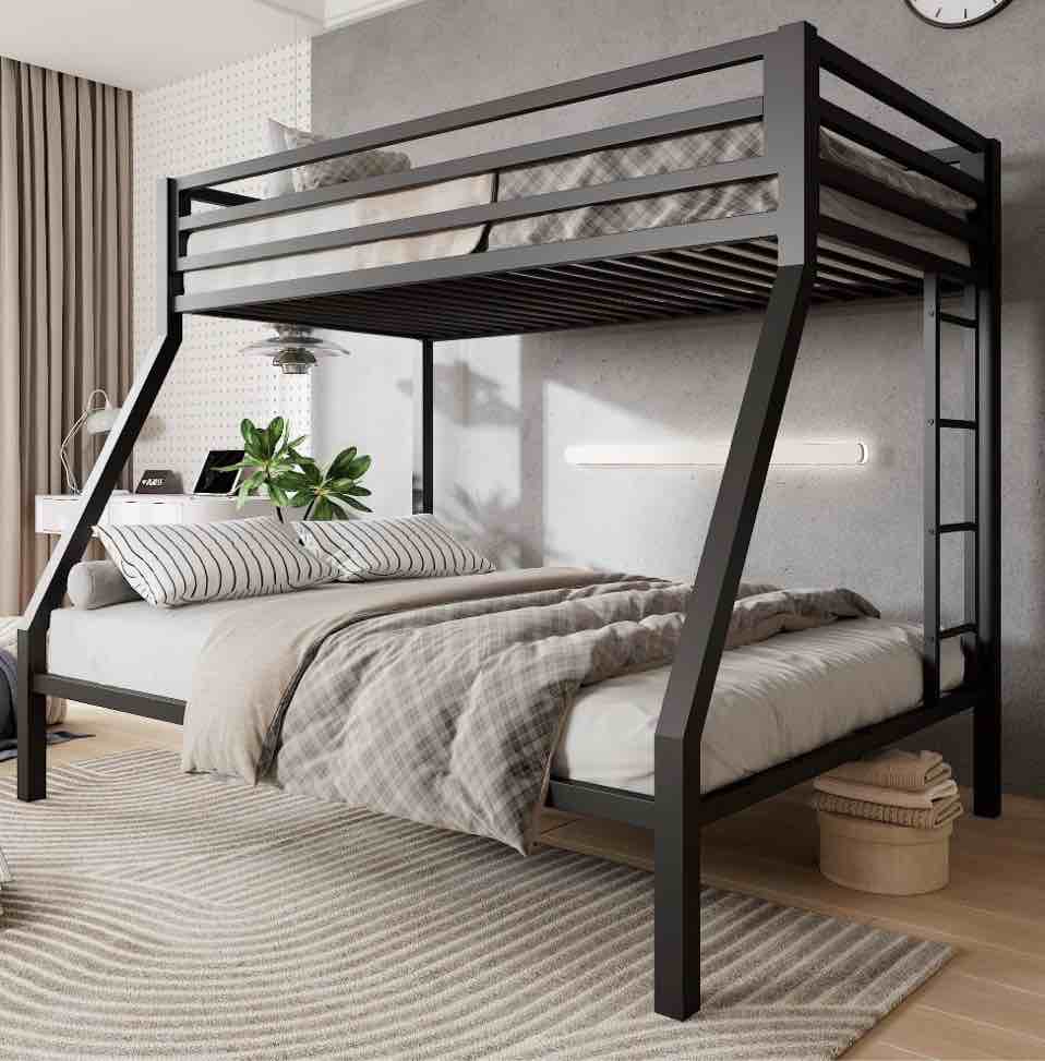 amolife twin over full size metal bunk bed with removable ladder  full-length guardrail  black