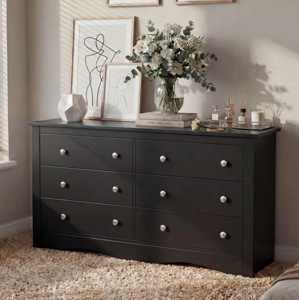 homall 52'' wide 6 drawer dresser for bedroom, modern wood chest of drawers with smooth-gliding drawers, storage organizer for bedroom living room, black