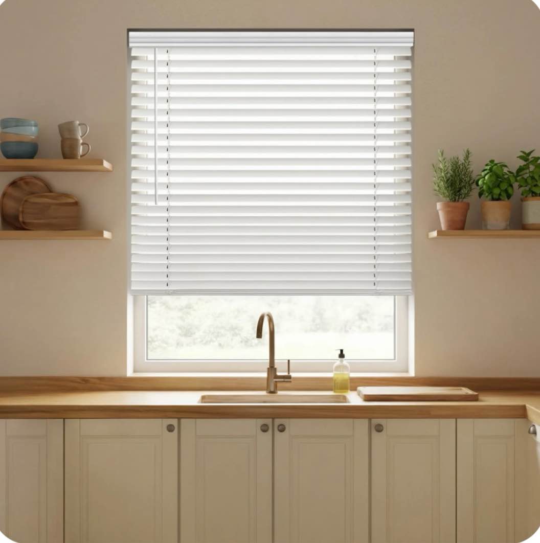 REGAL ESTATE  Cordless 2  Room Darkening Blinds  Faux Wood with Wood-Like Embossed Slats  47.5 W x 48 H  White