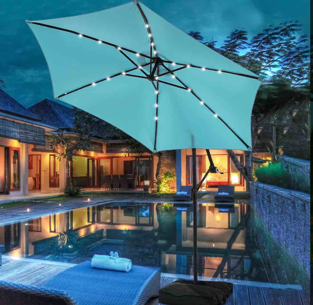 autlaycil 10ft cantilever patio umbrella and 24 solar lights, outdoor hanging offset umbrella with umbrella stand - blue