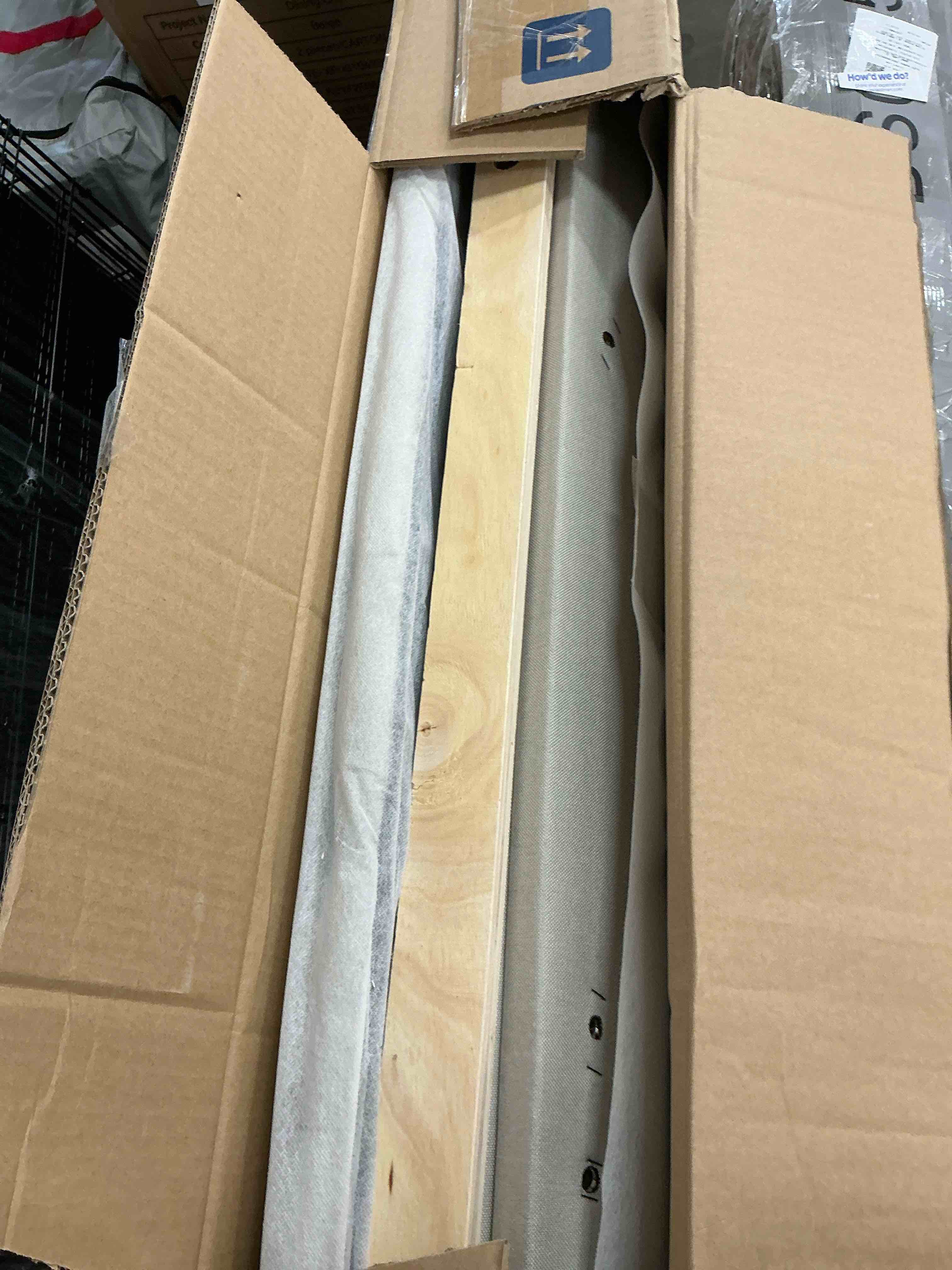 Condition photo showing New/Like New for pinmoco full upholstered bed frame with adjustable arc-shaped headboard, led platform bed, fabric beige