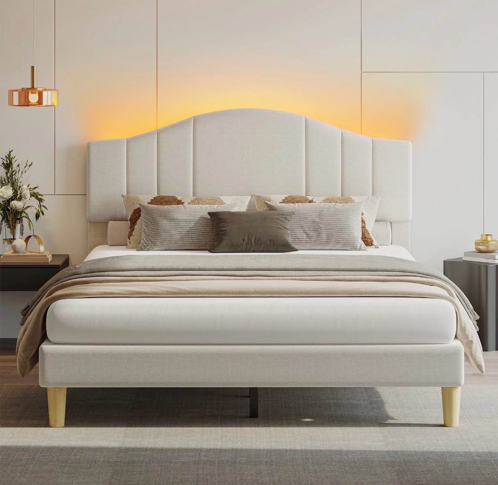pinmoco full upholstered bed frame with adjustable arc-shaped headboard, led platform bed, fabric beige
