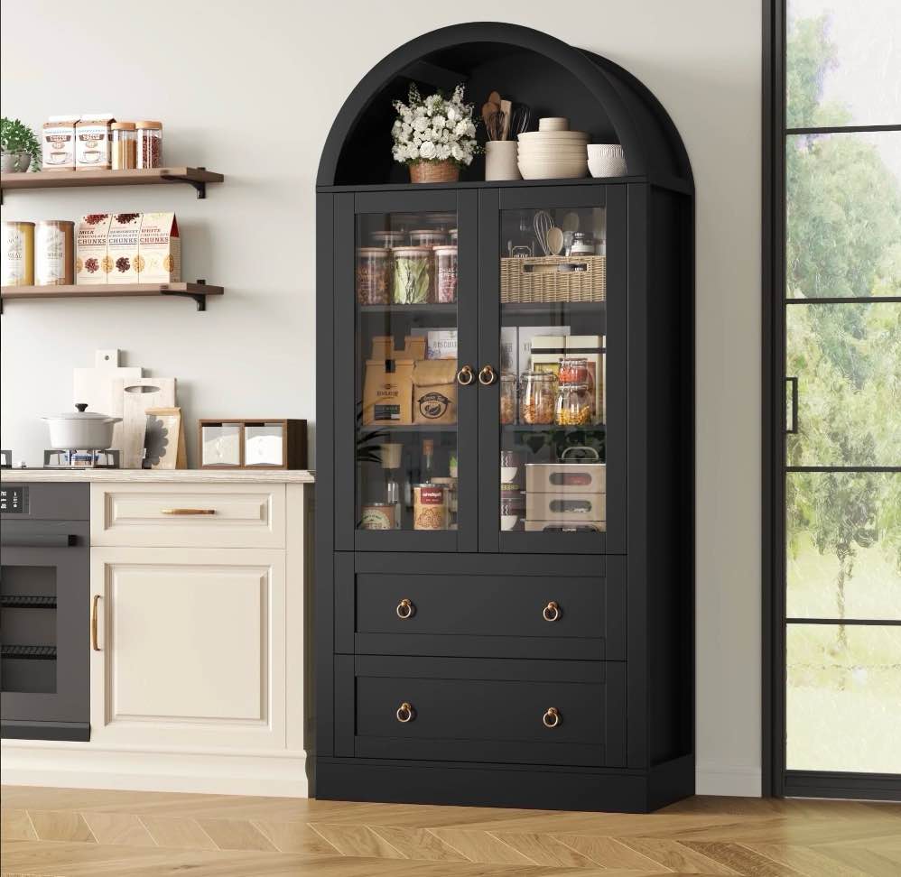 hiphuta 70" tall arched kitchen pantry storage cabinet with glass doors, freestanding modern farmhouse hutch cupboard with 2 large drawers, for kitchen dining room, black