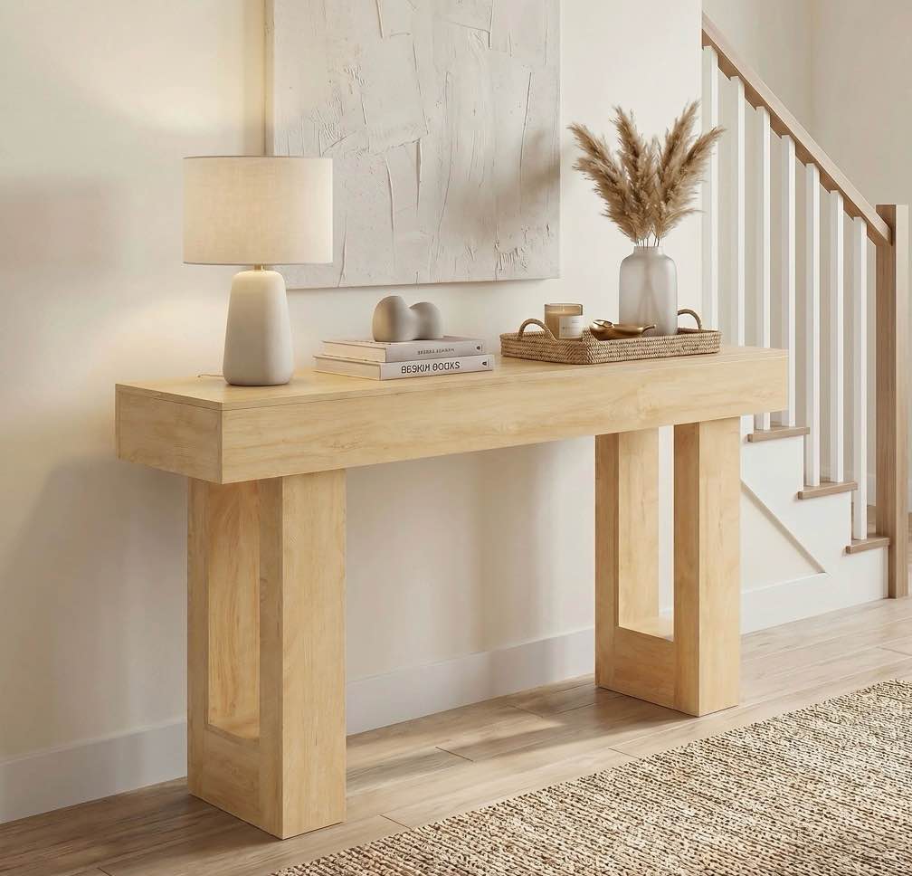 edx 63 inch solid wood farmhouse console - rectangular sofa back design, multi-purpose storage for entryway hallway living room, natural