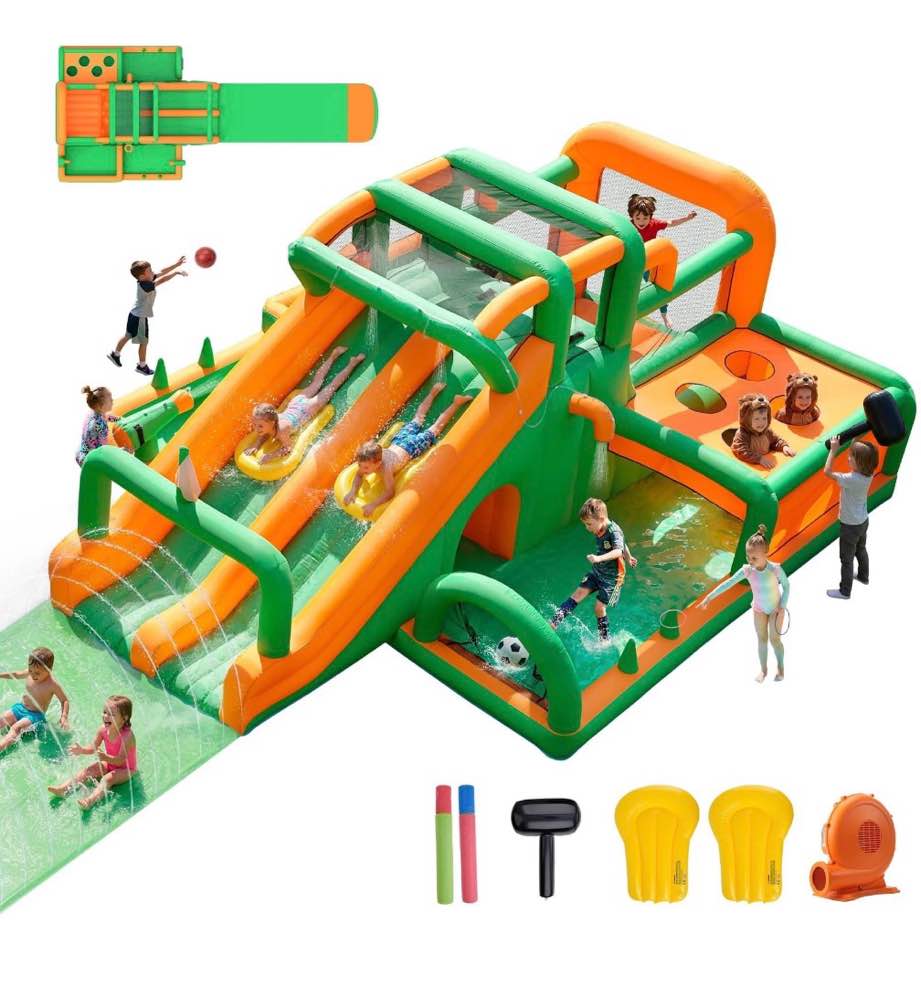 inflatable water slide bounce house, extra large double slides bouncer castle, 840d+420d oxford cloth, whack-a-mole, deep pool, jump area, climbing wall, water cannon, for kids aged 3–10 backyard