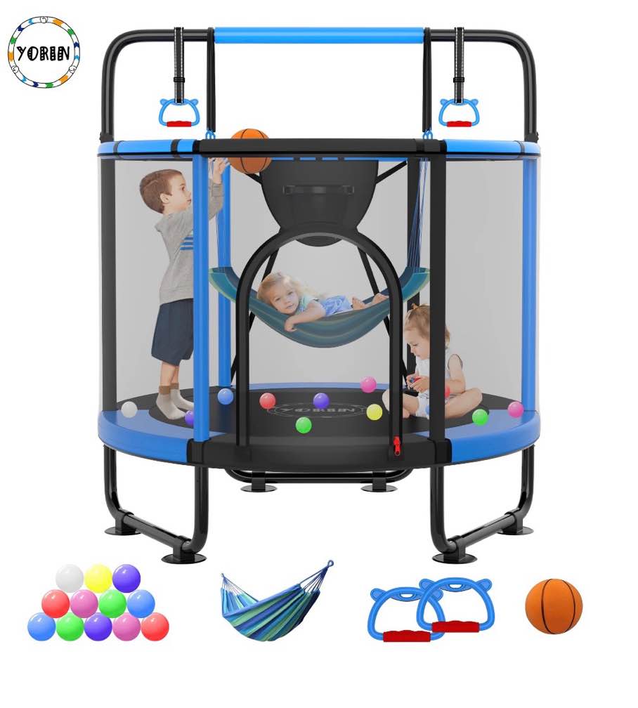 yorin trampoline for kids, 5ft toddler mini trampoline with enclosure net, basketball hoop, 60'' indoor/outdoor kids trampoline with swing, adjustable gymnastics bars, gifts for boys & girls, 600lbs
