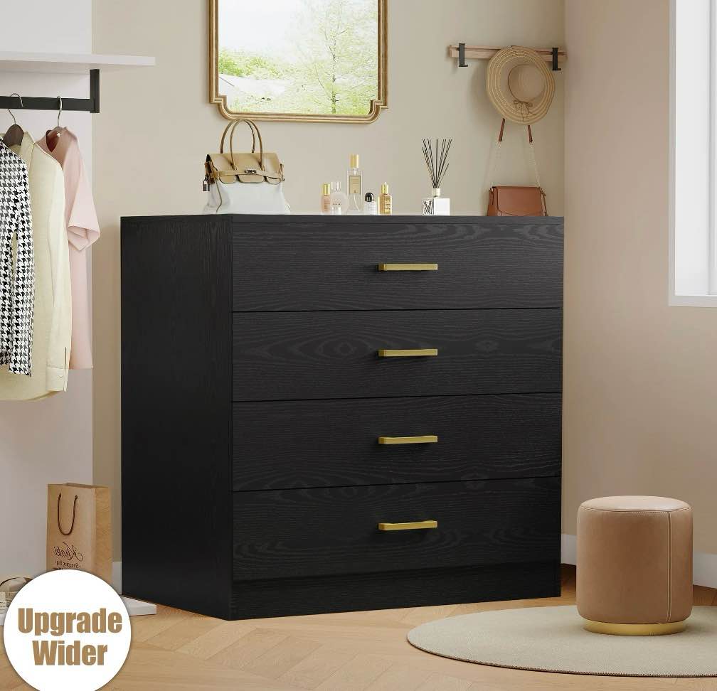 dressers for bedroom, heavy duty 4-drawer wood chest of drawers, modern storage bedroom chest for kids room, black vertical storage cabinet for bathroom, closet, entryway, hallway, nursery, l2027