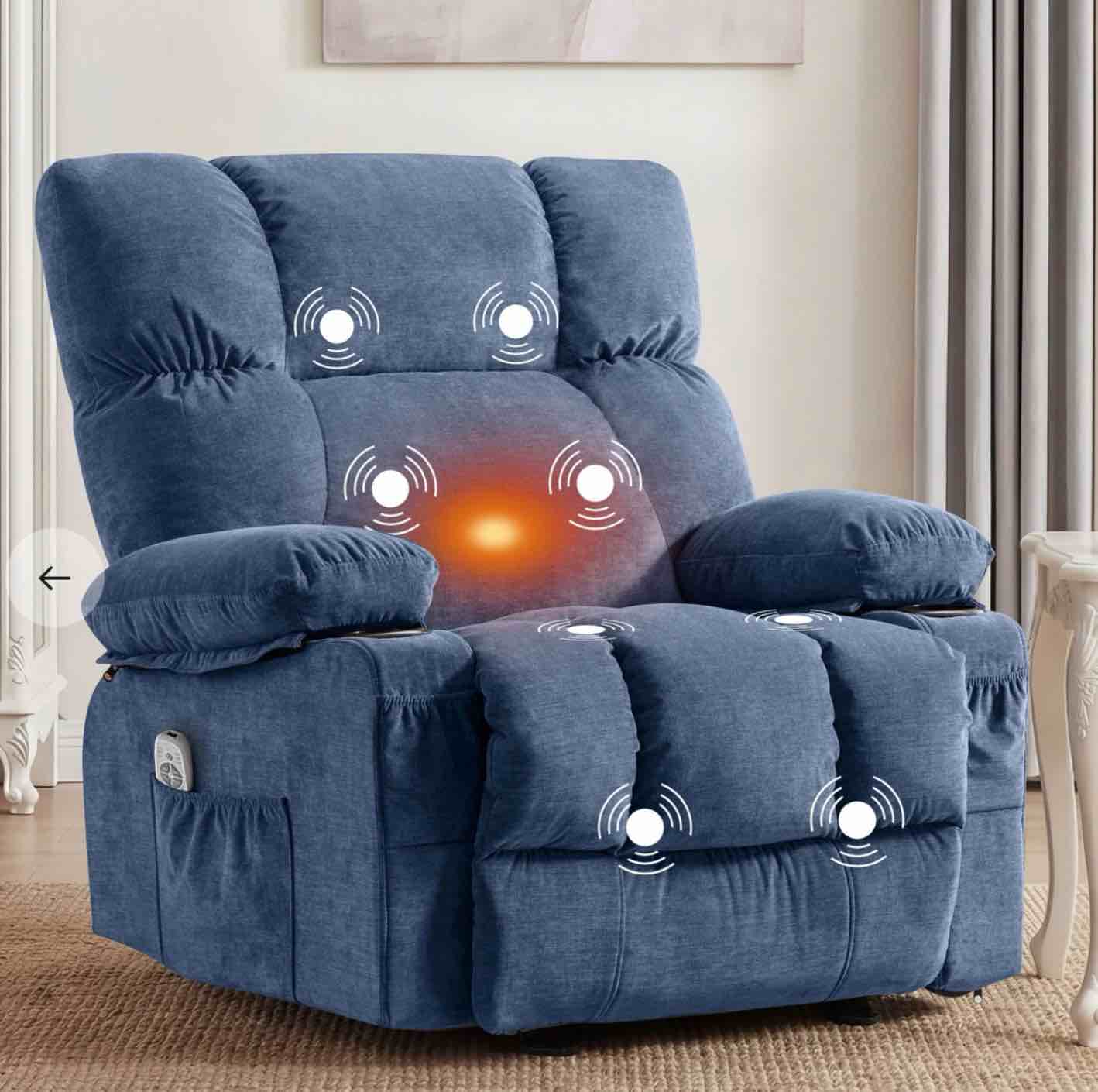 jonpony manual recliner chair with heat therapy and massage function, heavy duty reclining mechanism massage chair, elderly single rocker sofa with cup holders for bedroom home theater navy