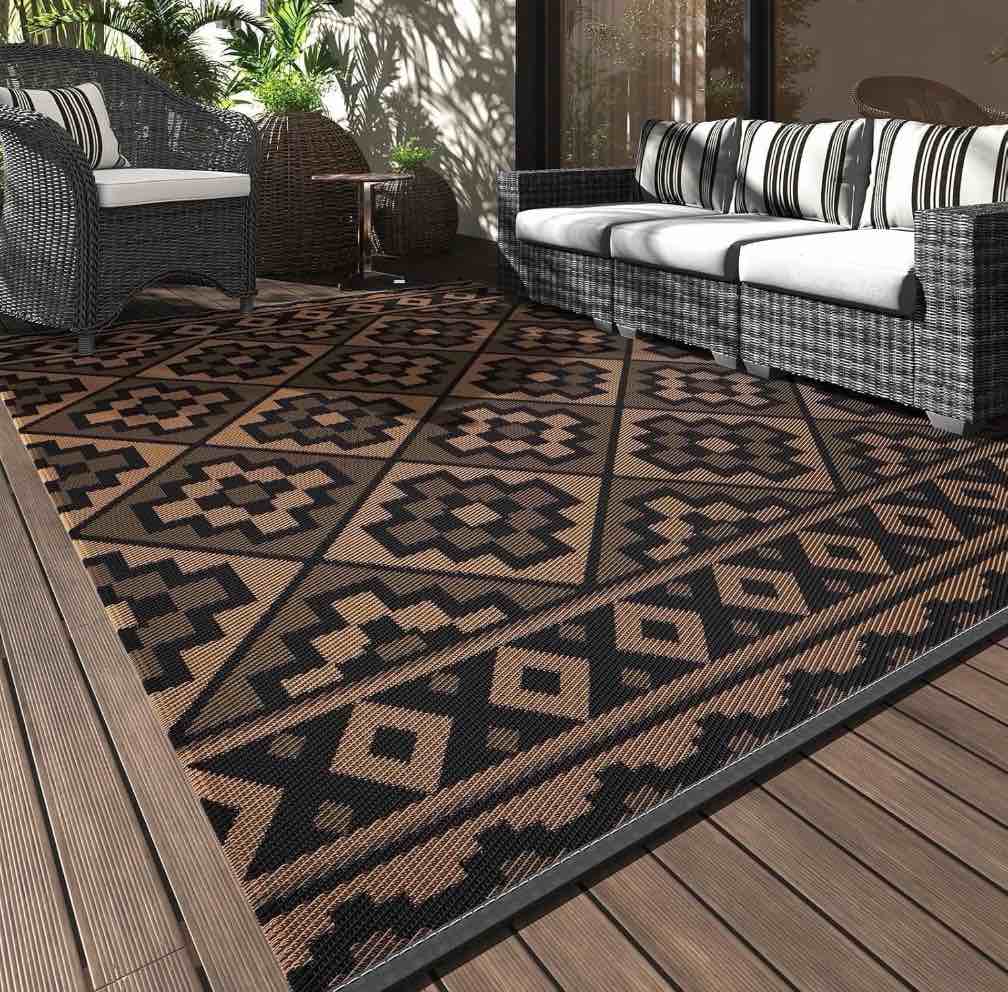 sixhome outdoor rug 9 x12 waterproof reversible patio rug modern lightweight plastic straw indoor outdoor rug for rv camping deck balcony porch boho patio decor outdoor carpet black and brown