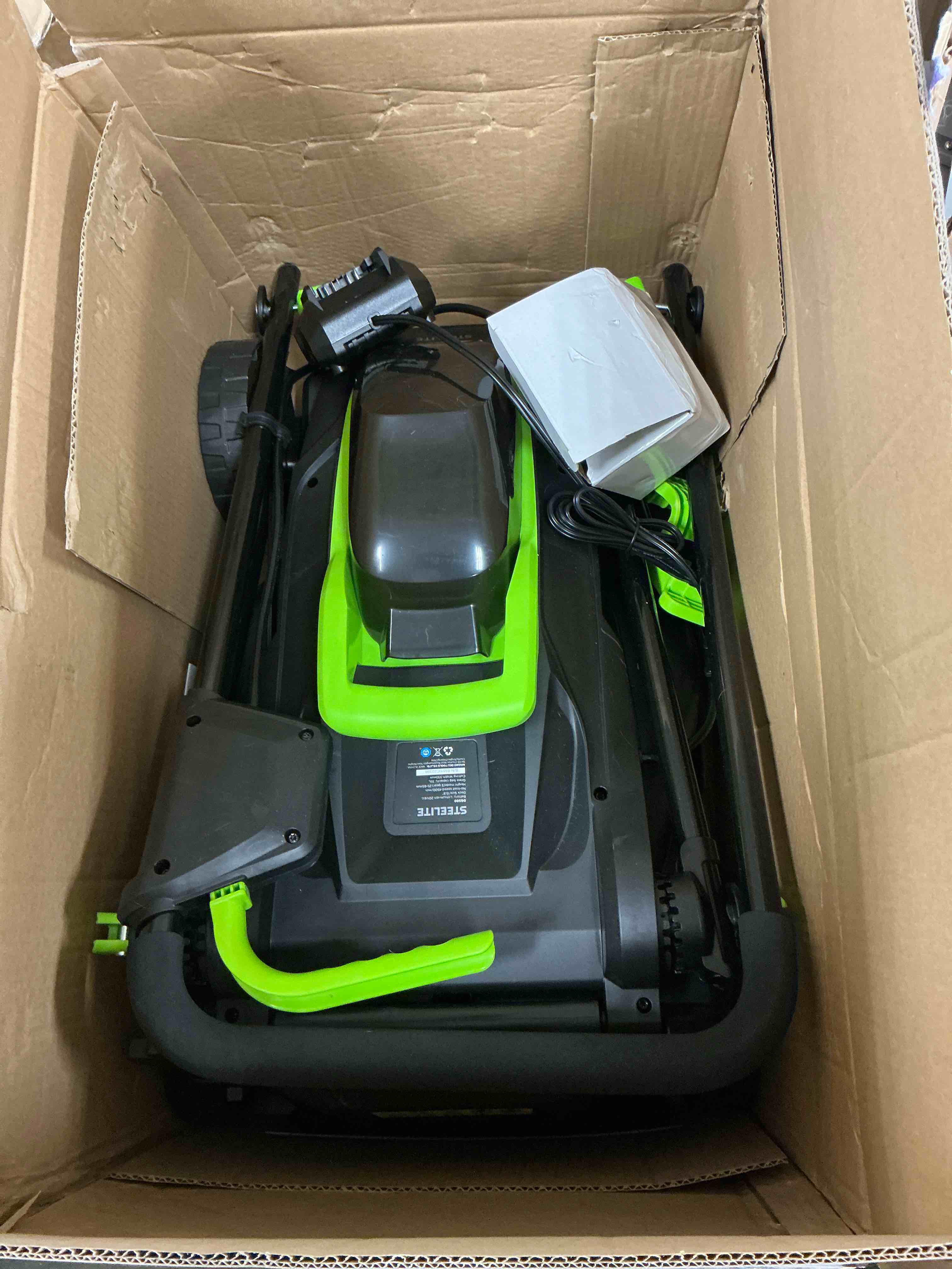 Condition photo showing Good Condition for steelite 13-inch cordless lawn mower, 21v electric lawn mowers with brushless motor for garden,5 heights adjustment, 4.0ah battery & charger included