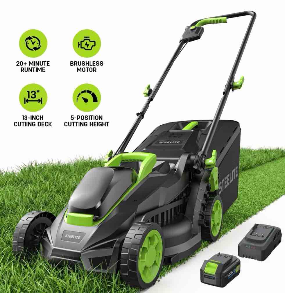 steelite 13-inch cordless lawn mower, 21v electric lawn mowers with brushless motor for garden,5 heights adjustment, 4.0ah battery & charger included