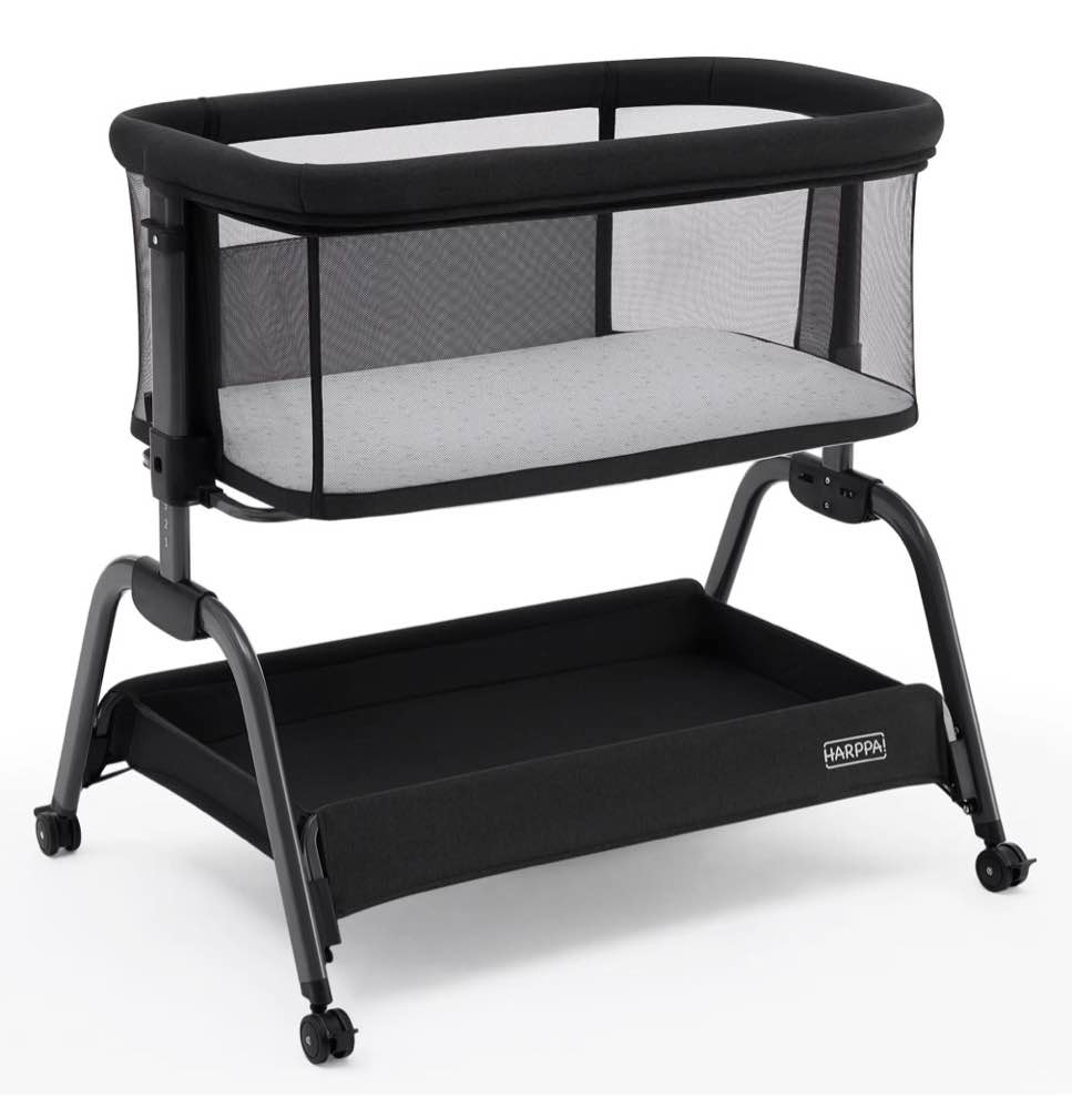 harppa bassinet bedside sleeper, bedside bassinet with storage & wheels for infants, black